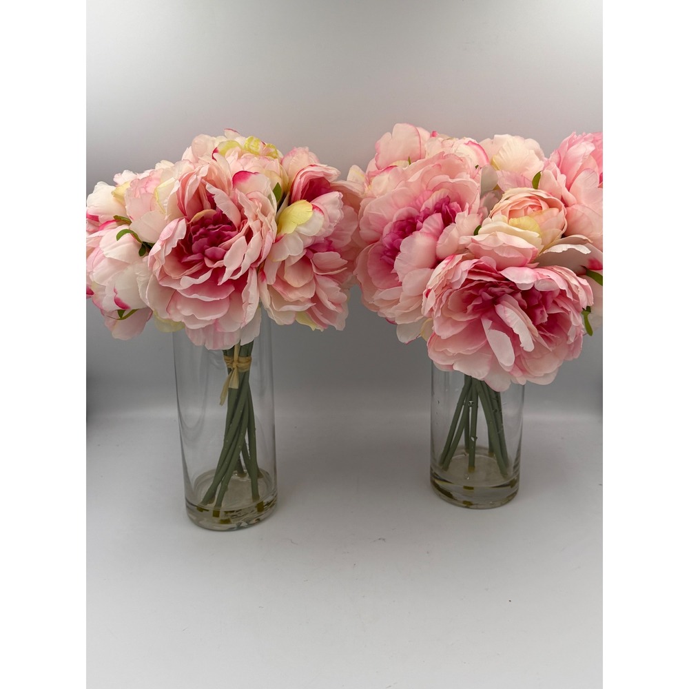 Set of 2 Faux Pink Peony Silk Flower Arrangements in Glass Vases with Faux Water